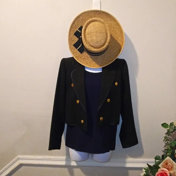 Vintage 1980's Saint Laurent Black Cropped Tuxedo Jacket & Navy Camisole Top - Picture 13 of 14